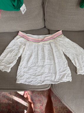 Lilly Pulitzer White Off-Shoulder Top with Pink, Yellow & Blue Trim